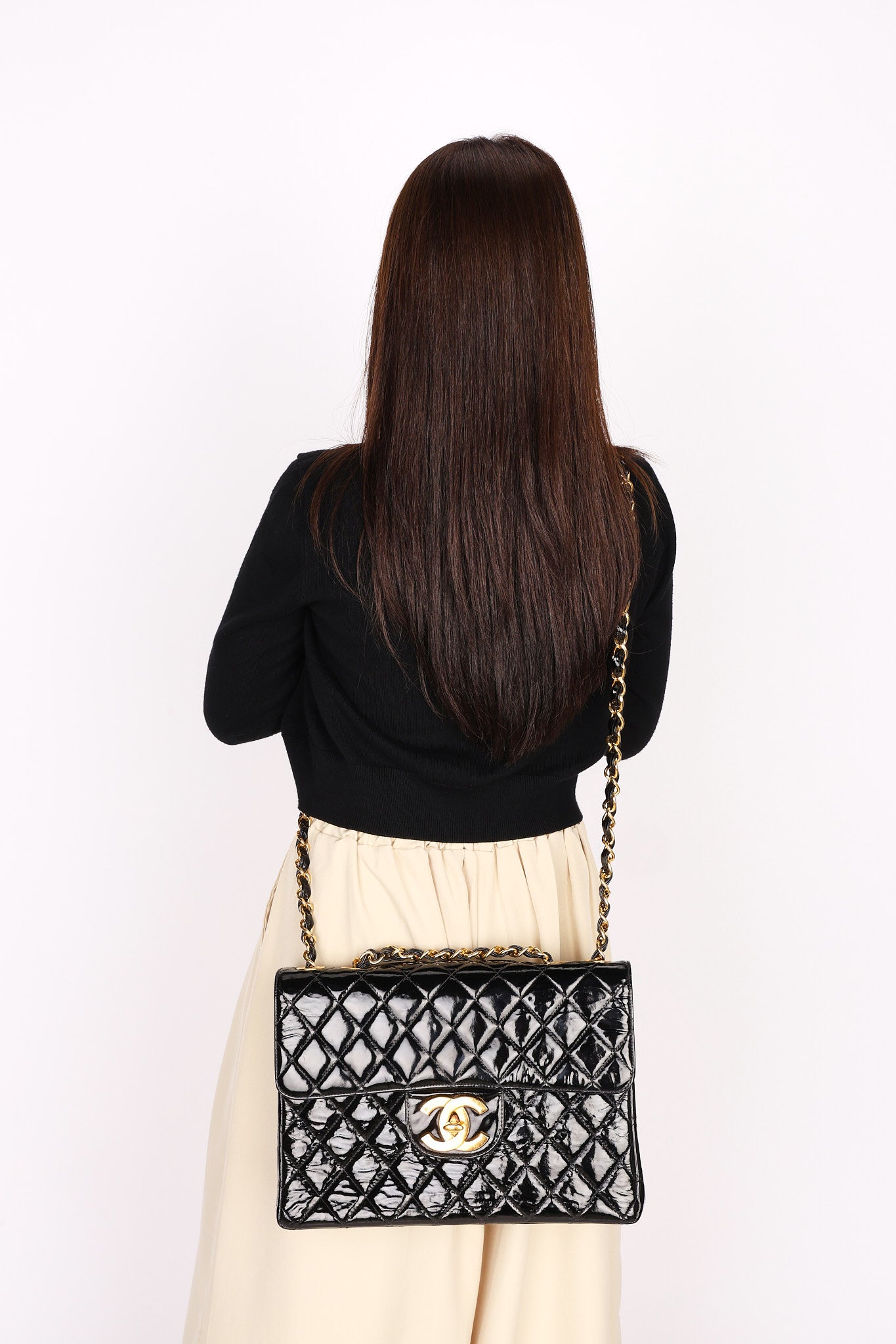 Chanel Jumbo Classic Single Flap Black Patent 1997 24K GP