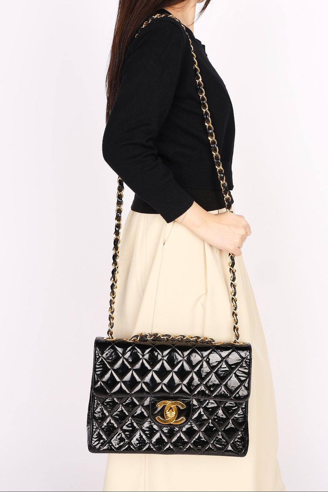 Chanel Jumbo Classic Single Flap Black Patent 1997 24K GP