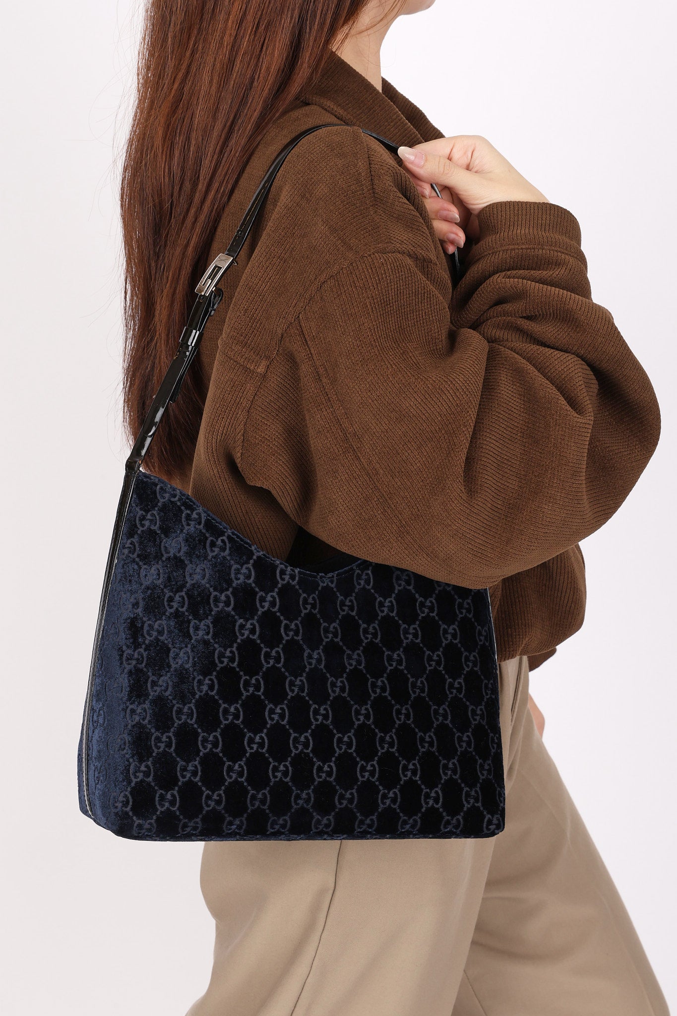 Gucci Monogram Velvet Shoulder Bag Navy
