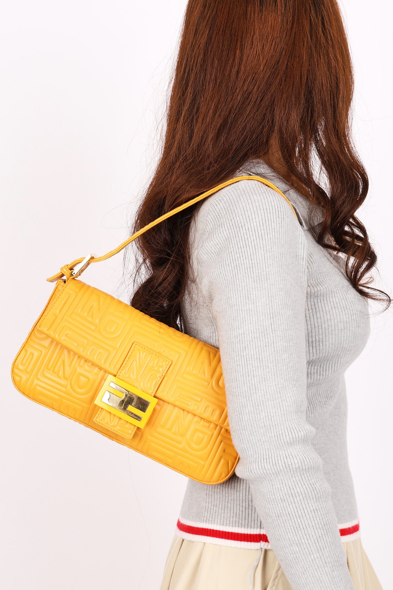 Fendi Embossed Baguette Bag Yellow