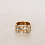 18K Yellow Gold and Pt900 Platinum Diamond Belt Ring, Size US 6