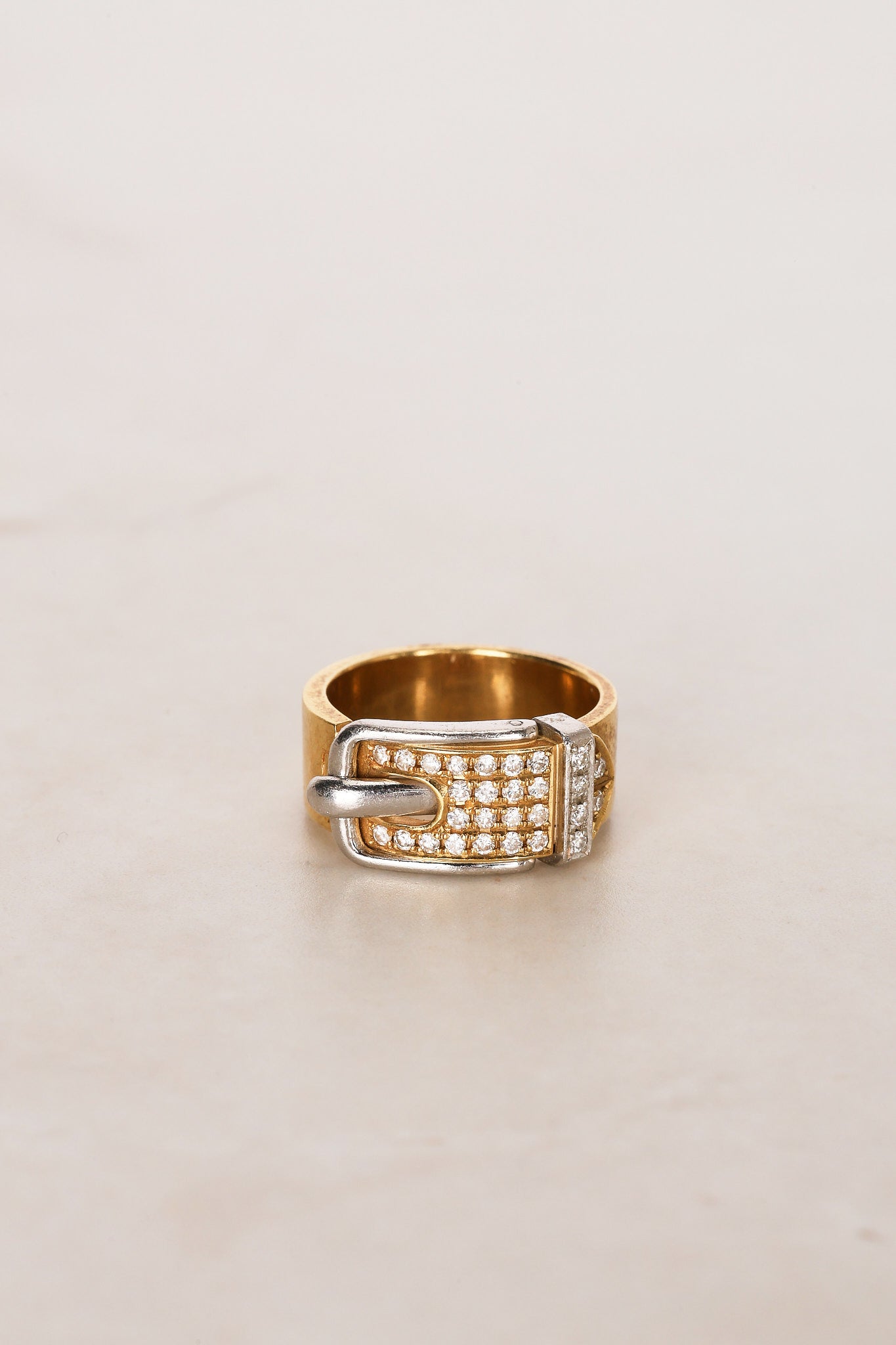 18K Yellow Gold and Pt900 Platinum Diamond Belt Ring, Size US 6