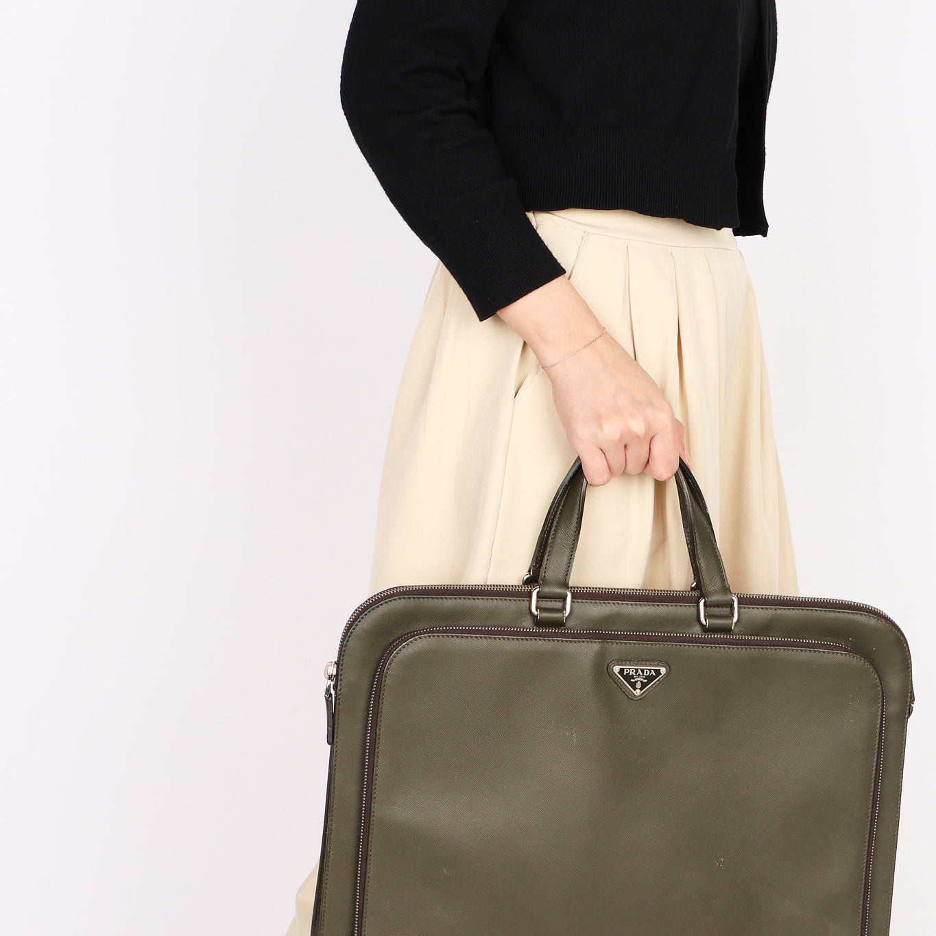 Prada Pocket Briefcase Khaki Saffiano Lux