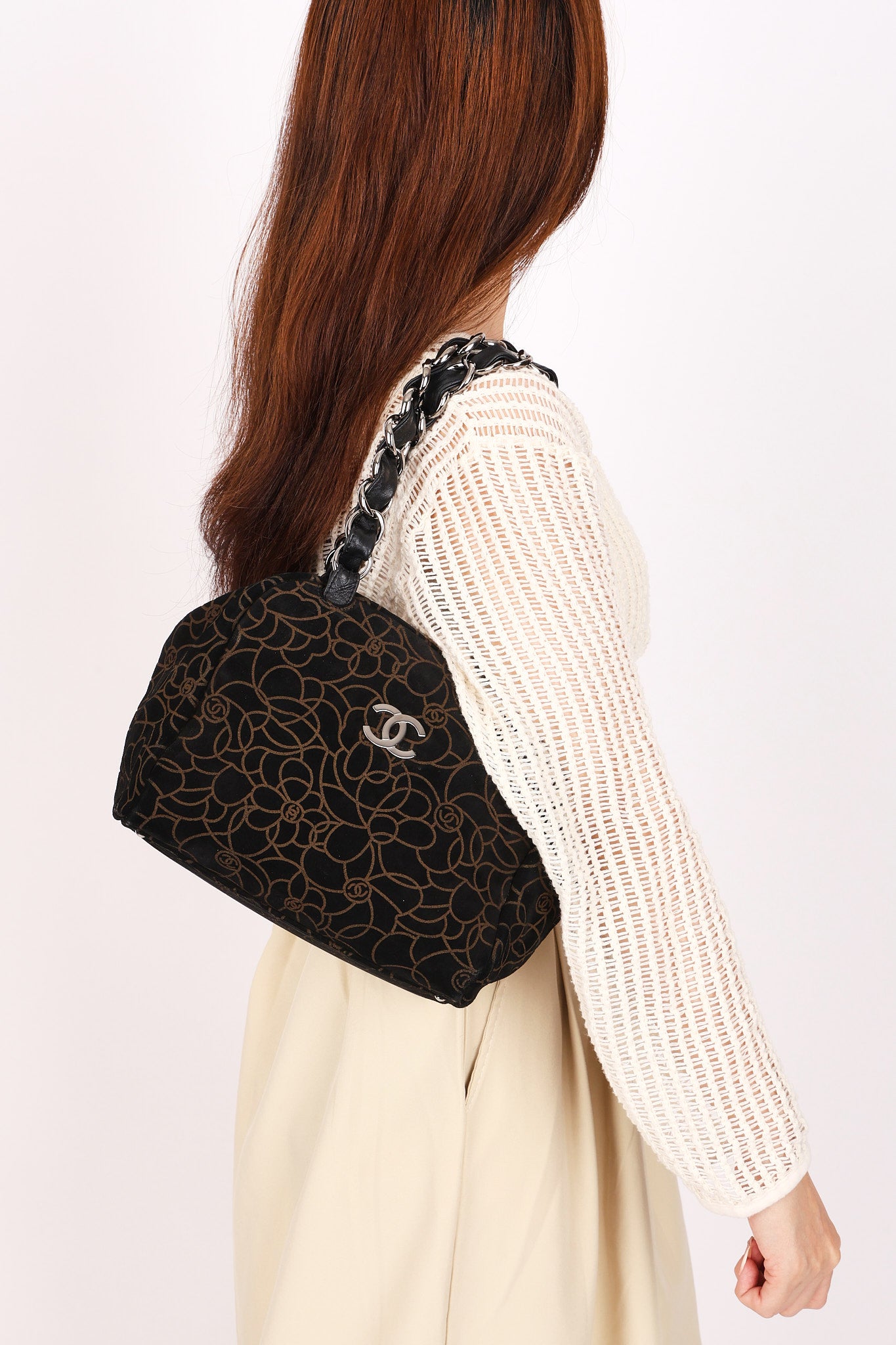 Chanel Camellia Embossed Shoulder Bag Black Suede SHW