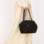 Chanel Camellia Embossed Shoulder Bag Black Suede SHW