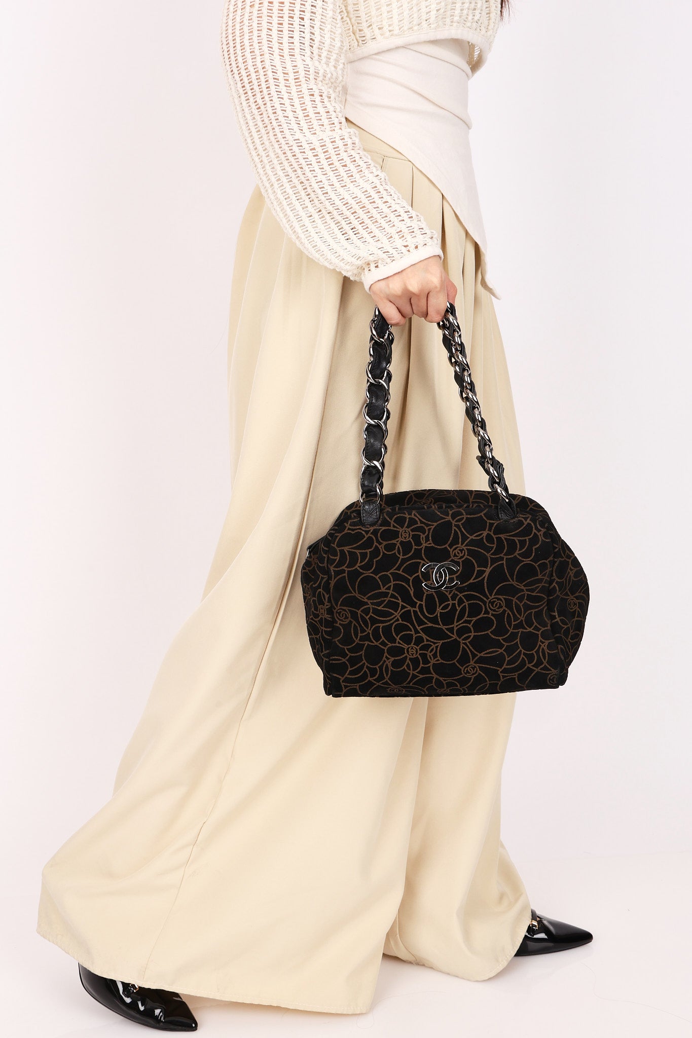 Chanel Camellia Embossed Shoulder Bag Black Suede SHW
