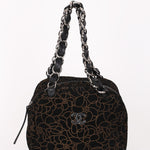 Chanel Camellia Embossed Shoulder Bag Black Suede SHW