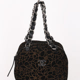 Chanel Camellia Embossed Shoulder Bag Black Suede SHW