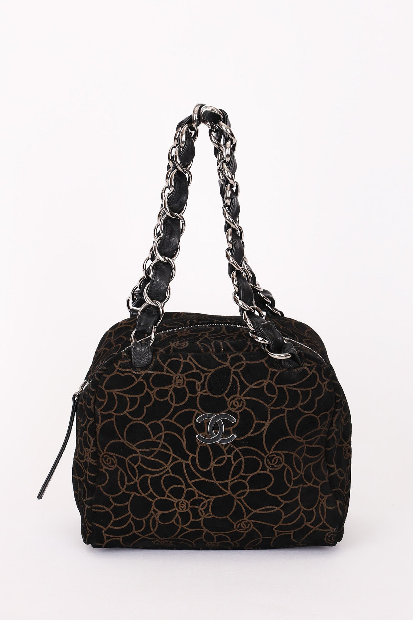 Chanel Camellia Embossed Shoulder Bag Black Suede SHW