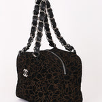 Chanel Camellia Embossed Shoulder Bag Black Suede SHW