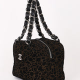 Chanel Camellia Embossed Shoulder Bag Black Suede SHW