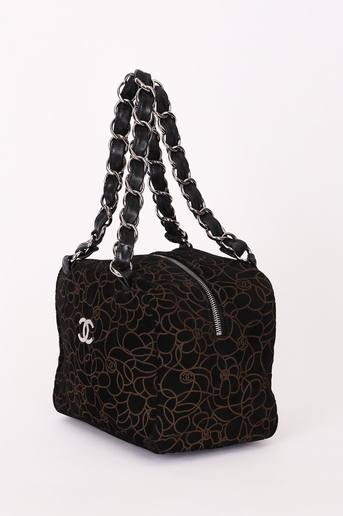 Chanel Camellia Embossed Shoulder Bag Black Suede SHW