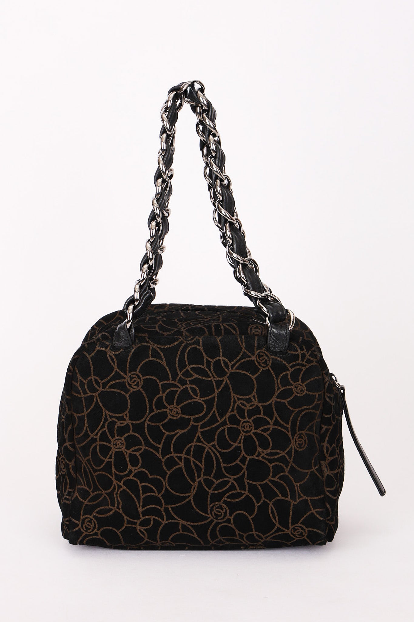 Chanel Camellia Embossed Shoulder Bag Black Suede SHW