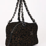 Chanel Camellia Embossed Shoulder Bag Black Suede SHW