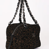 Chanel Camellia Embossed Shoulder Bag Black Suede SHW