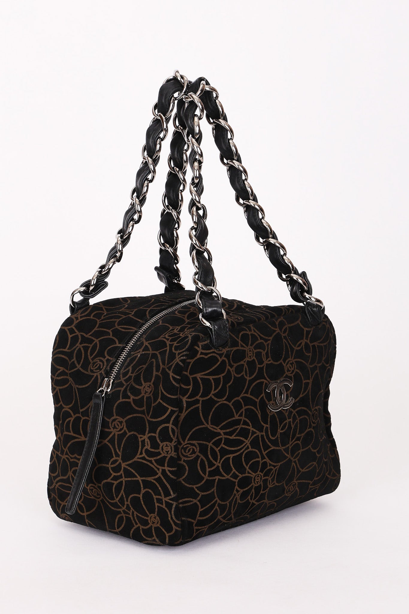 Chanel Camellia Embossed Shoulder Bag Black Suede SHW