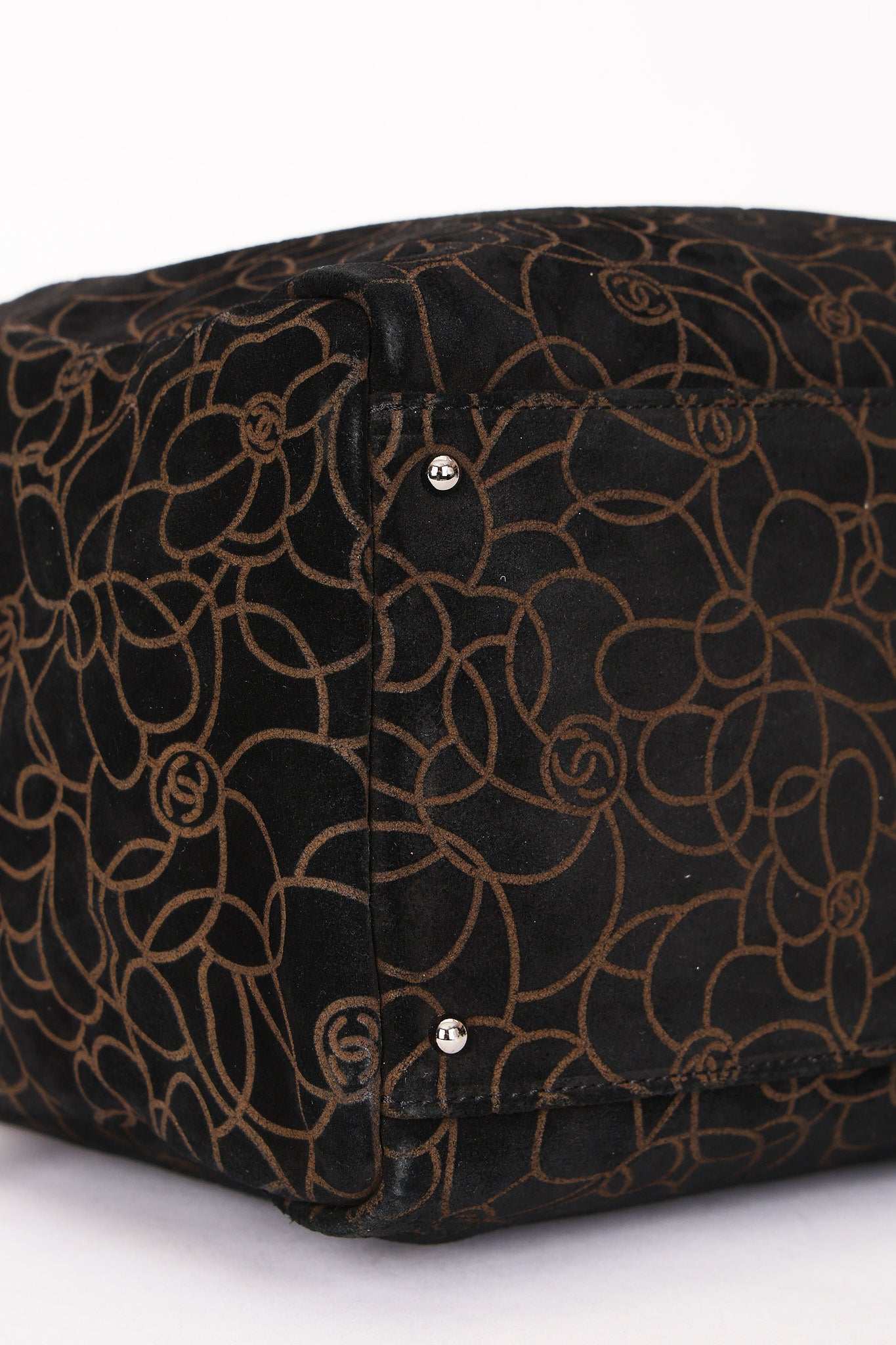 Chanel Camellia Embossed Shoulder Bag Black Suede SHW