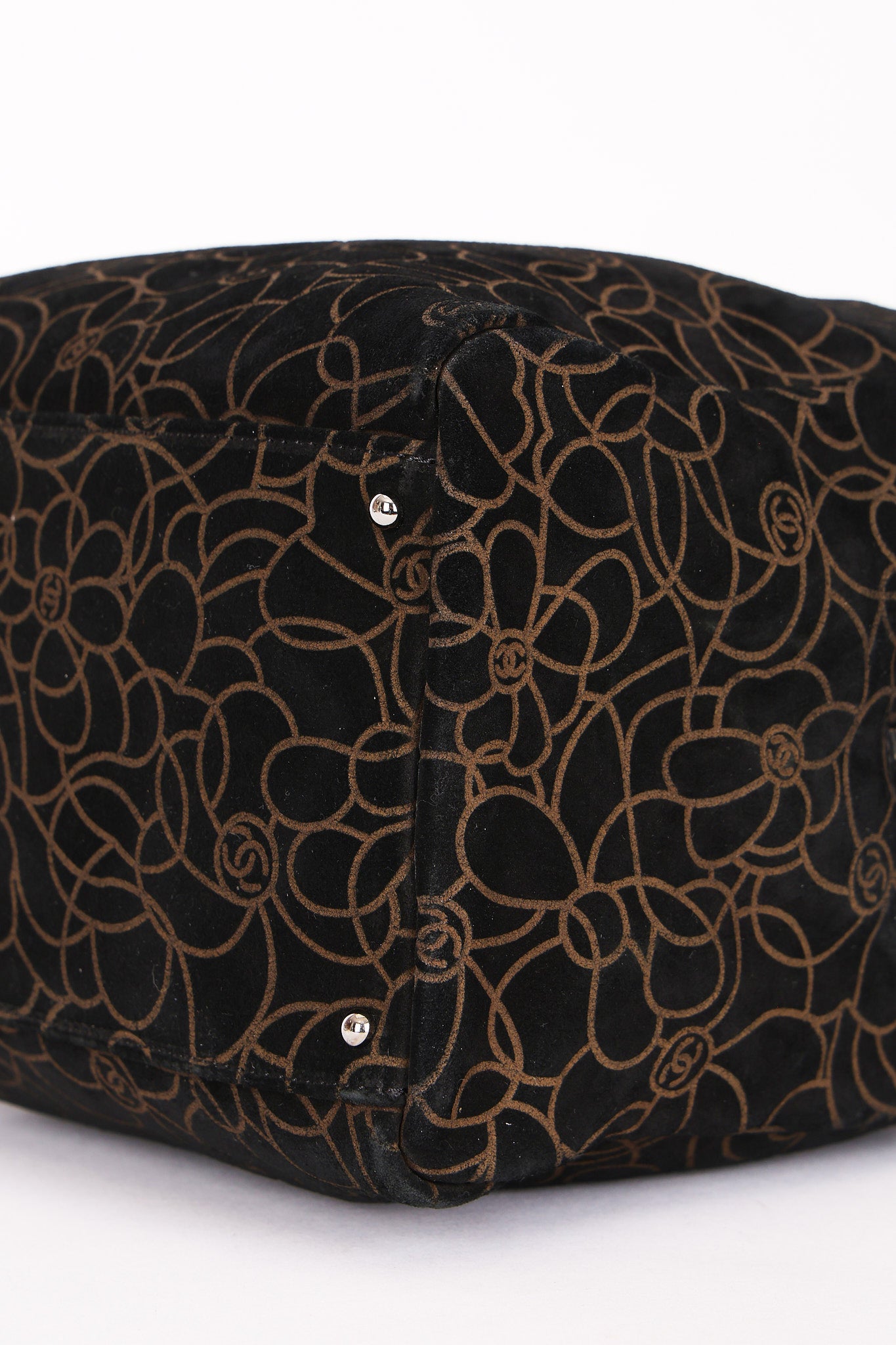 Chanel Camellia Embossed Shoulder Bag Black Suede SHW