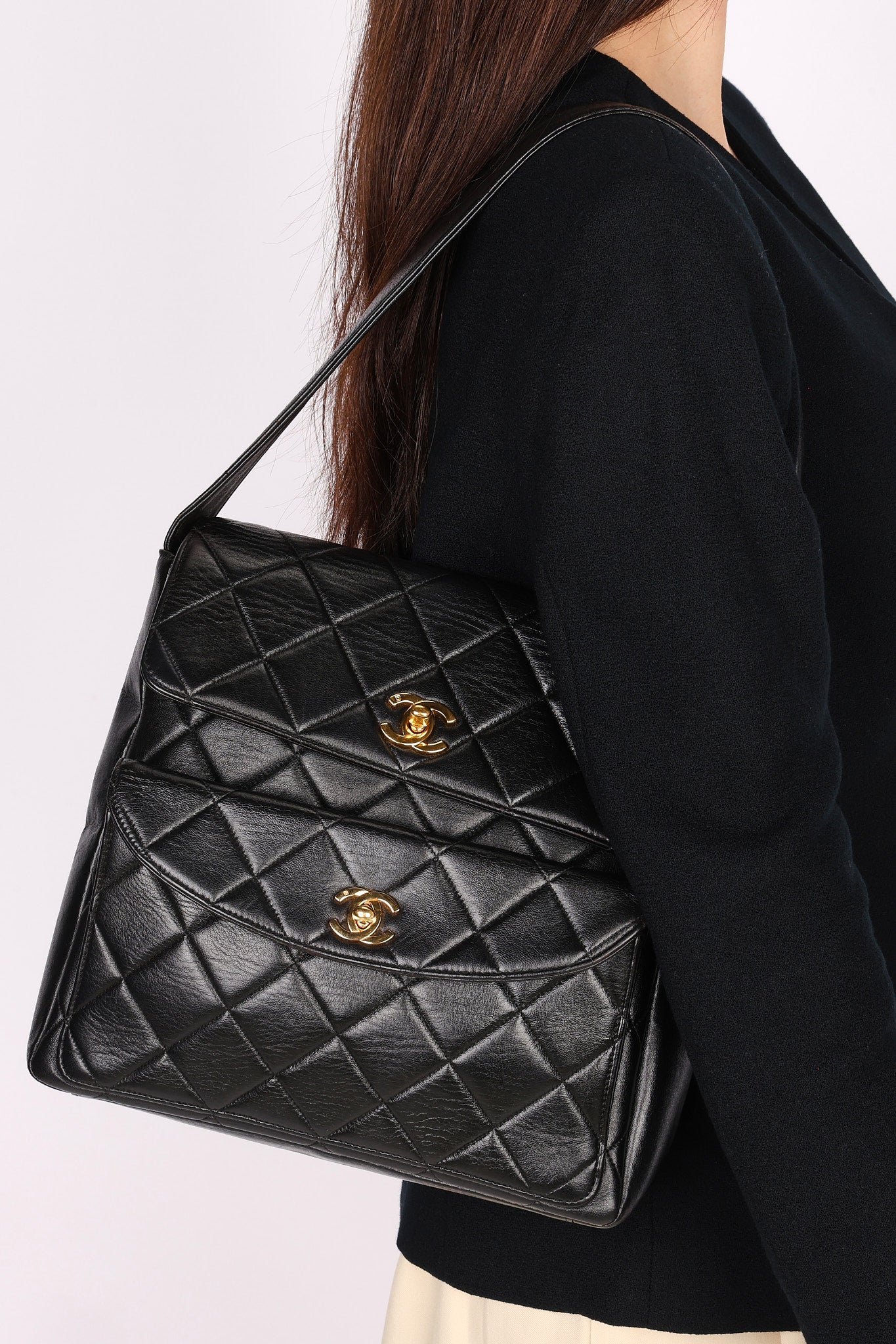 Chanel Double Turnlock Shoulder Bag Black Lambskin 1996 24K GP