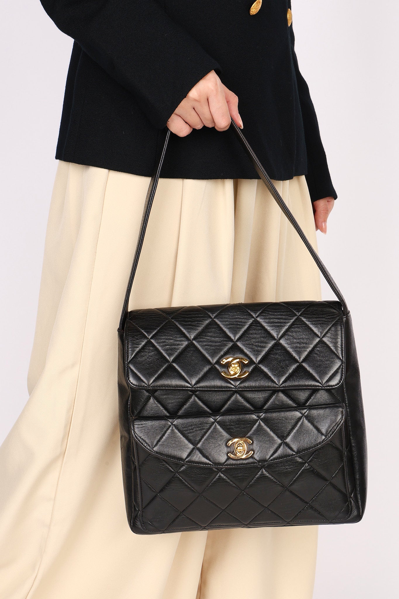 Chanel Double Turnlock Shoulder Bag Black Lambskin 1996 24K GP