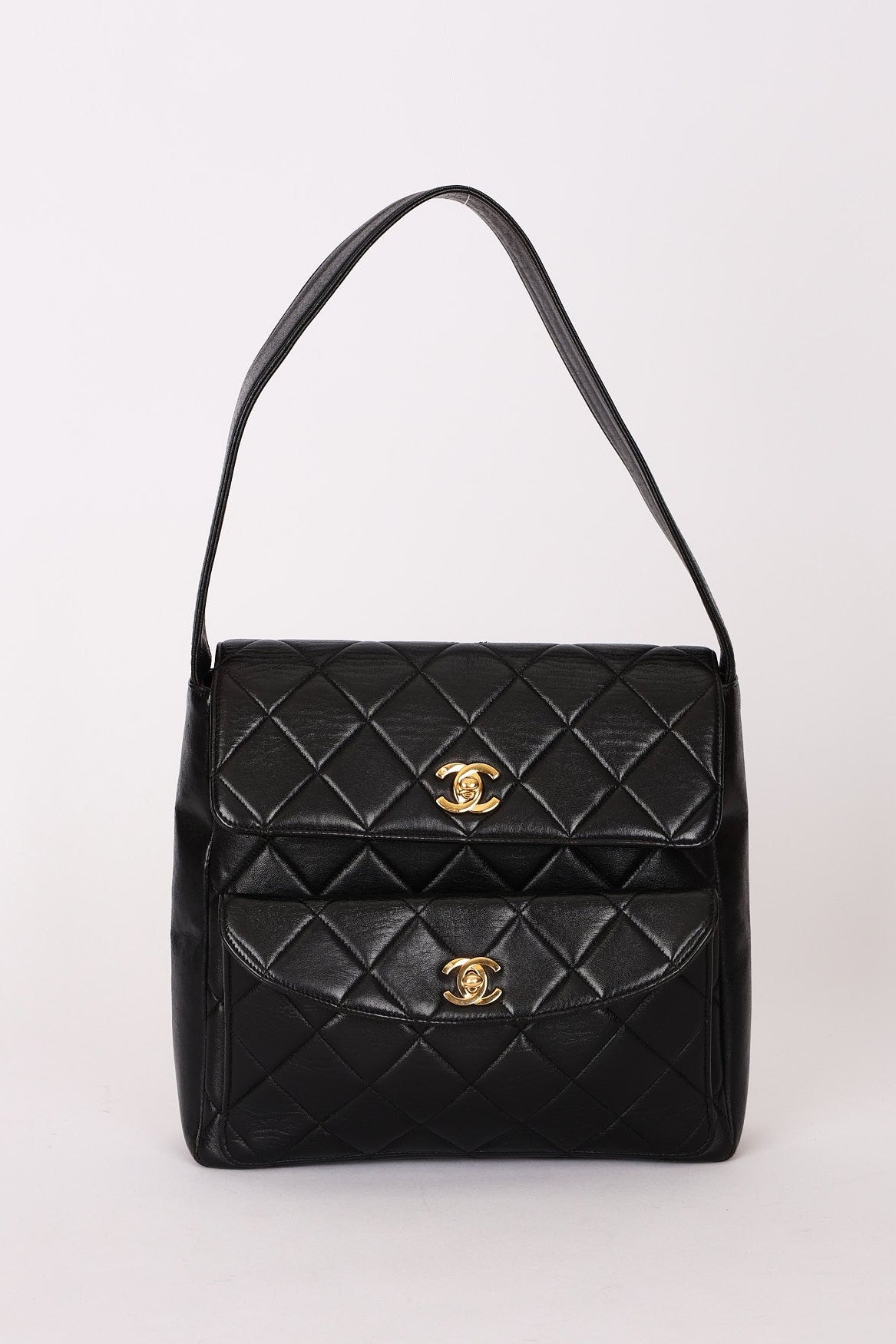 Chanel Double Turnlock Shoulder Bag Black Lambskin 24K GP