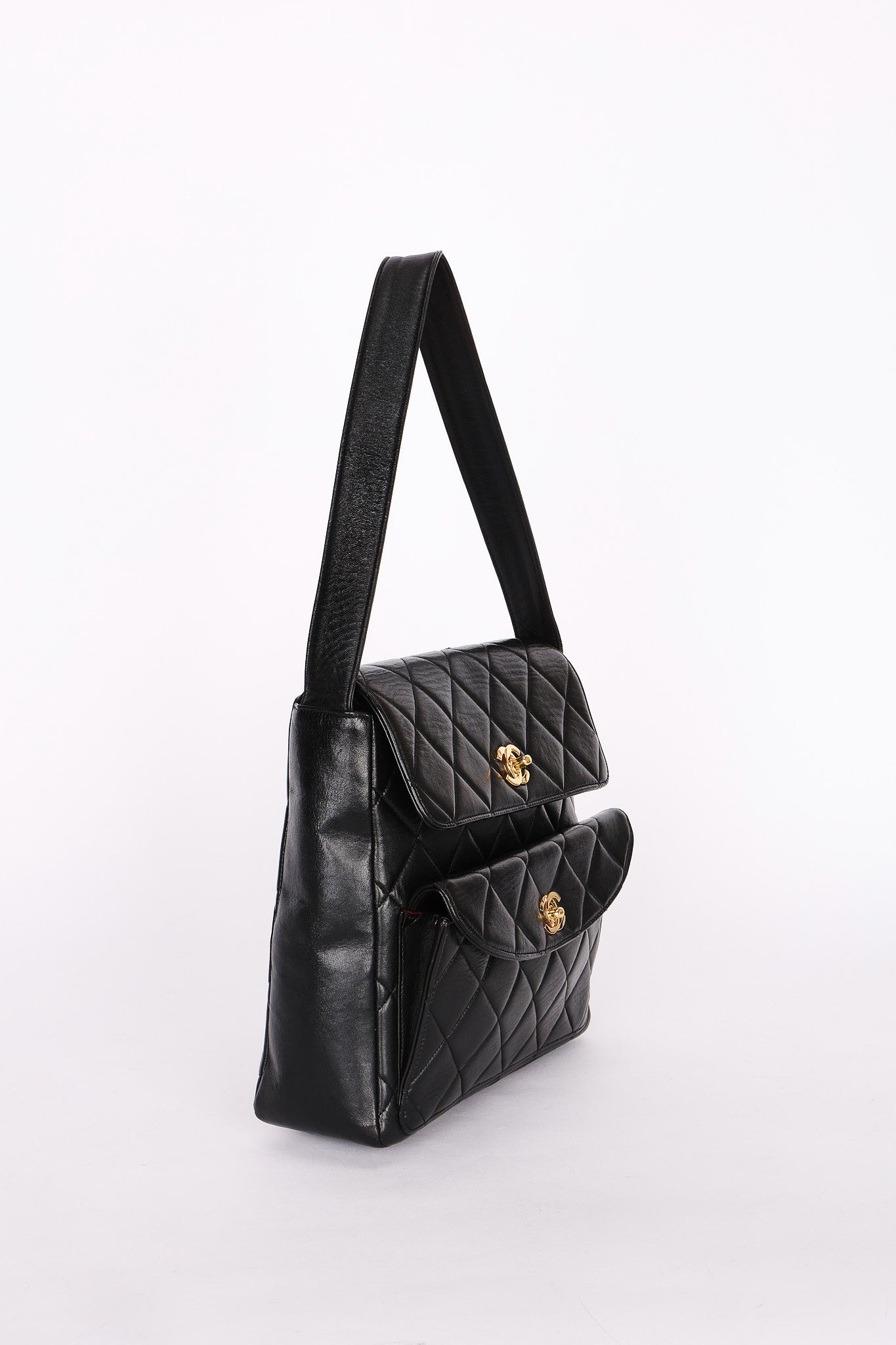 Chanel Double Turnlock Shoulder Bag Black Lambskin 1996 24K GP