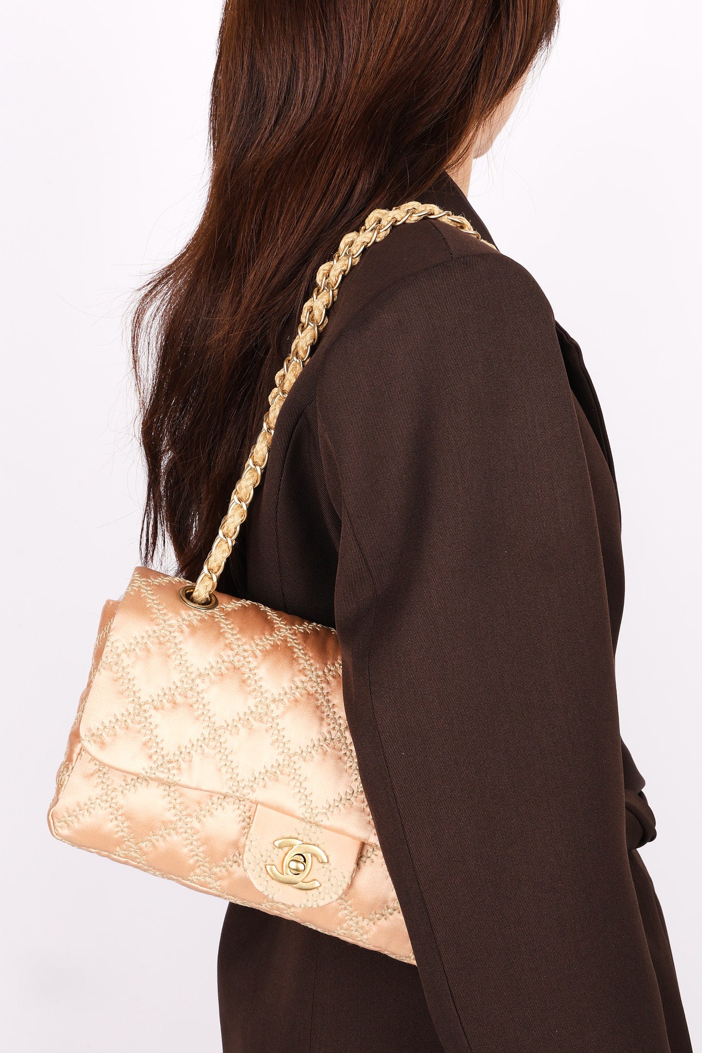 Chanel Wild Stitch Single Classic Flap Rose Gold Satin 2010 AGHW