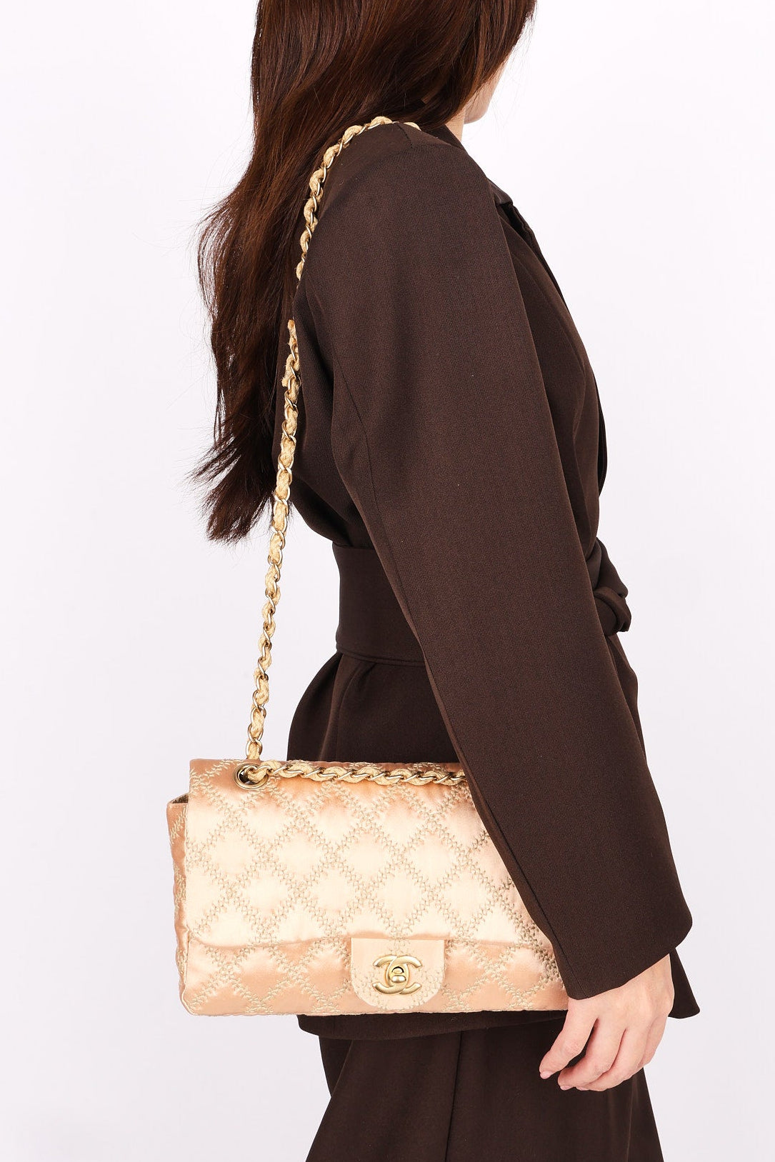 Chanel Wild Stitch Single Classic Flap Rose Gold Satin 2010 AGHW