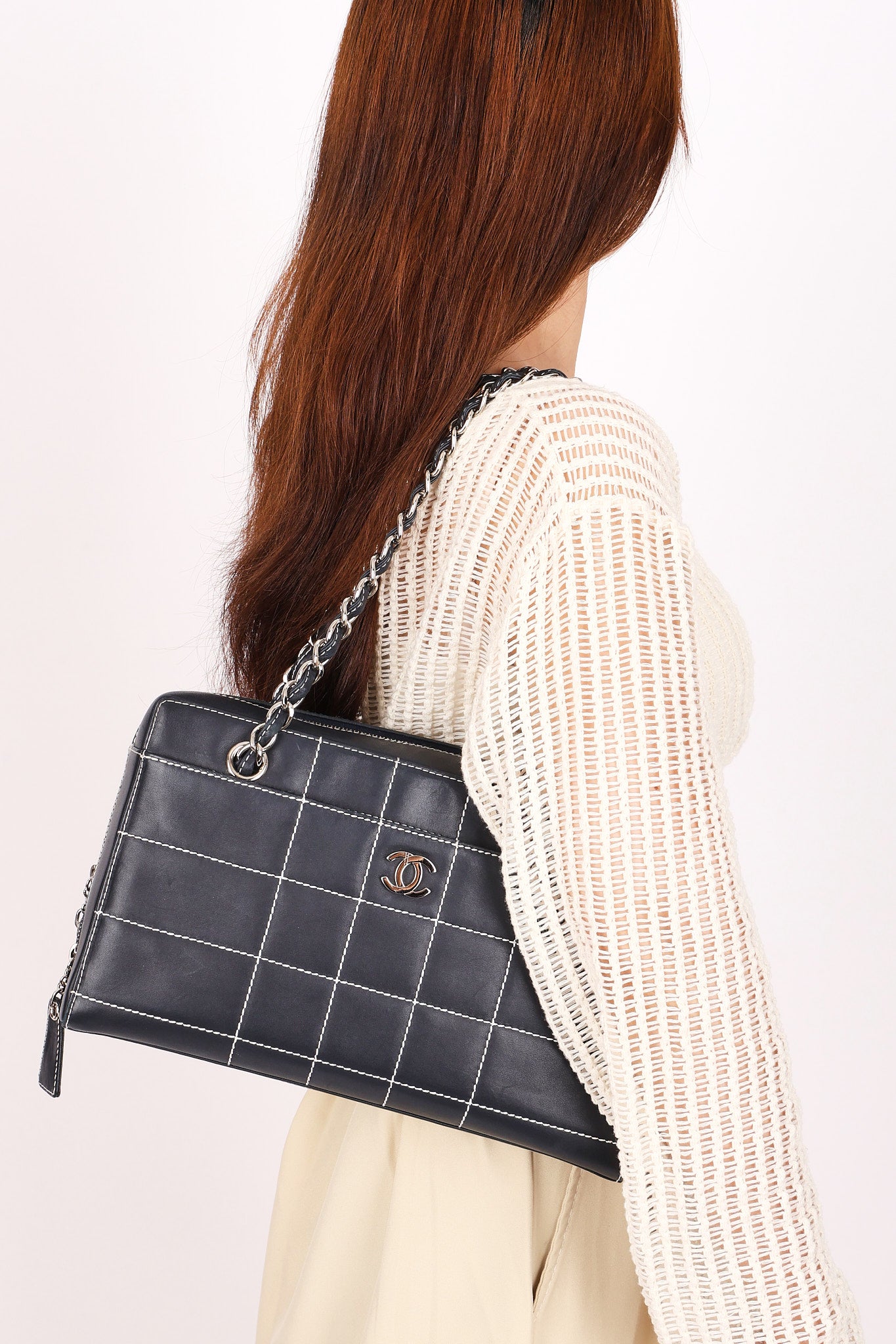 Chanel Chocolate Bar Wild Stitch Shoulder Bag Navy Calfskin SHW