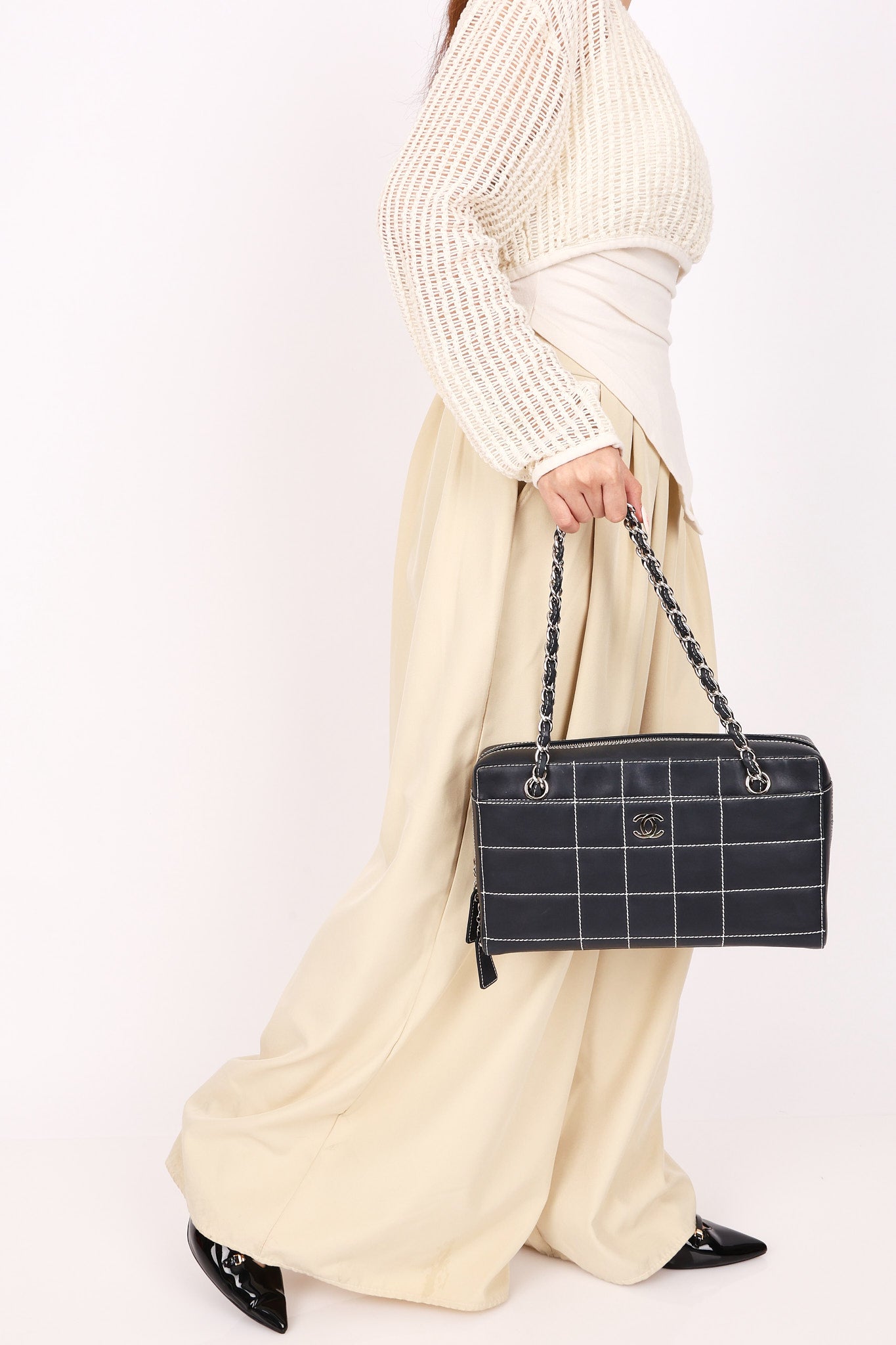 Chanel Chocolate Bar Wild Stitch Shoulder Bag Navy Calfskin SHW