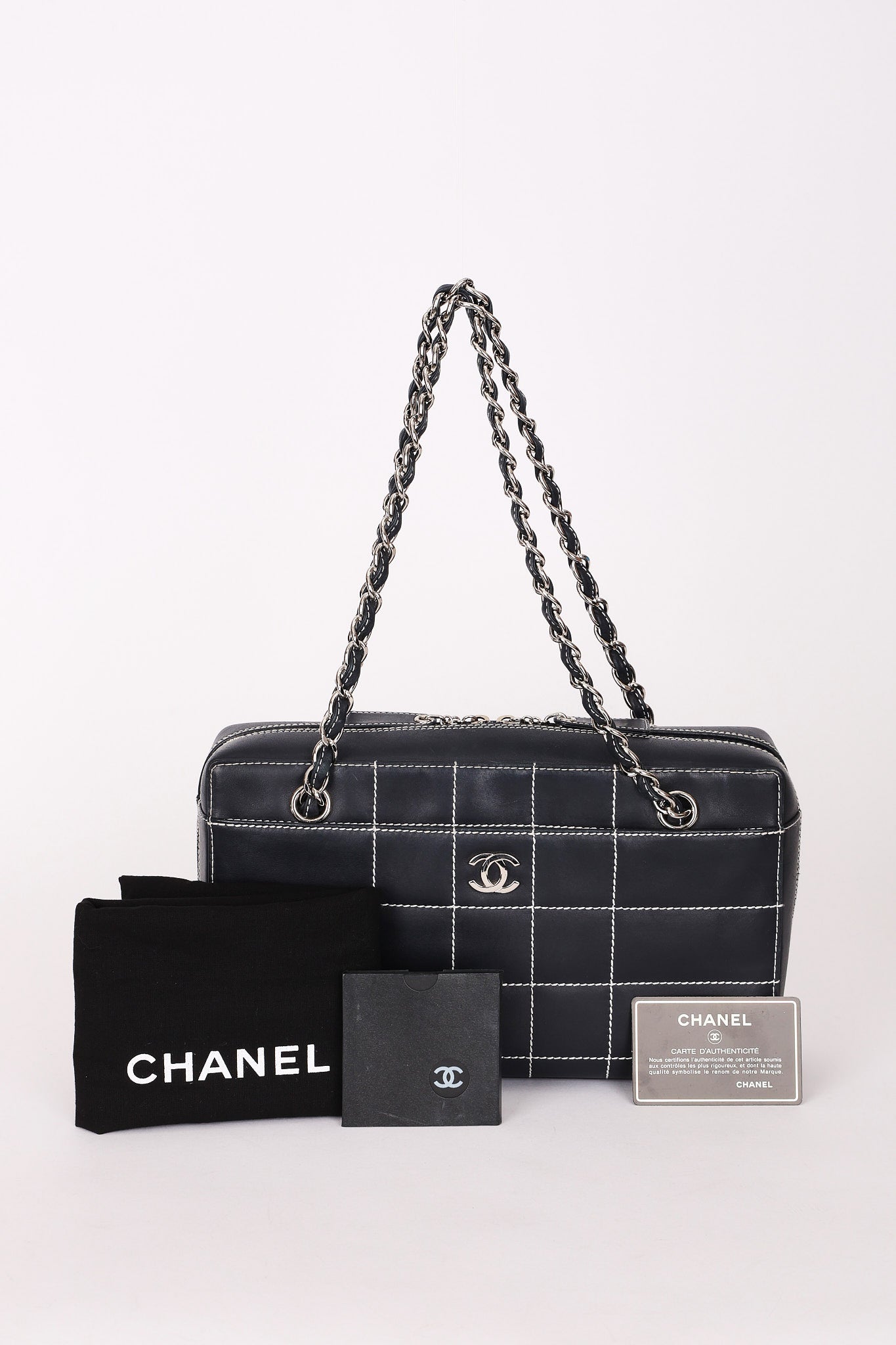 Chanel Chocolate Bar Wild Stitch Shoulder Bag Navy Calfskin SHW