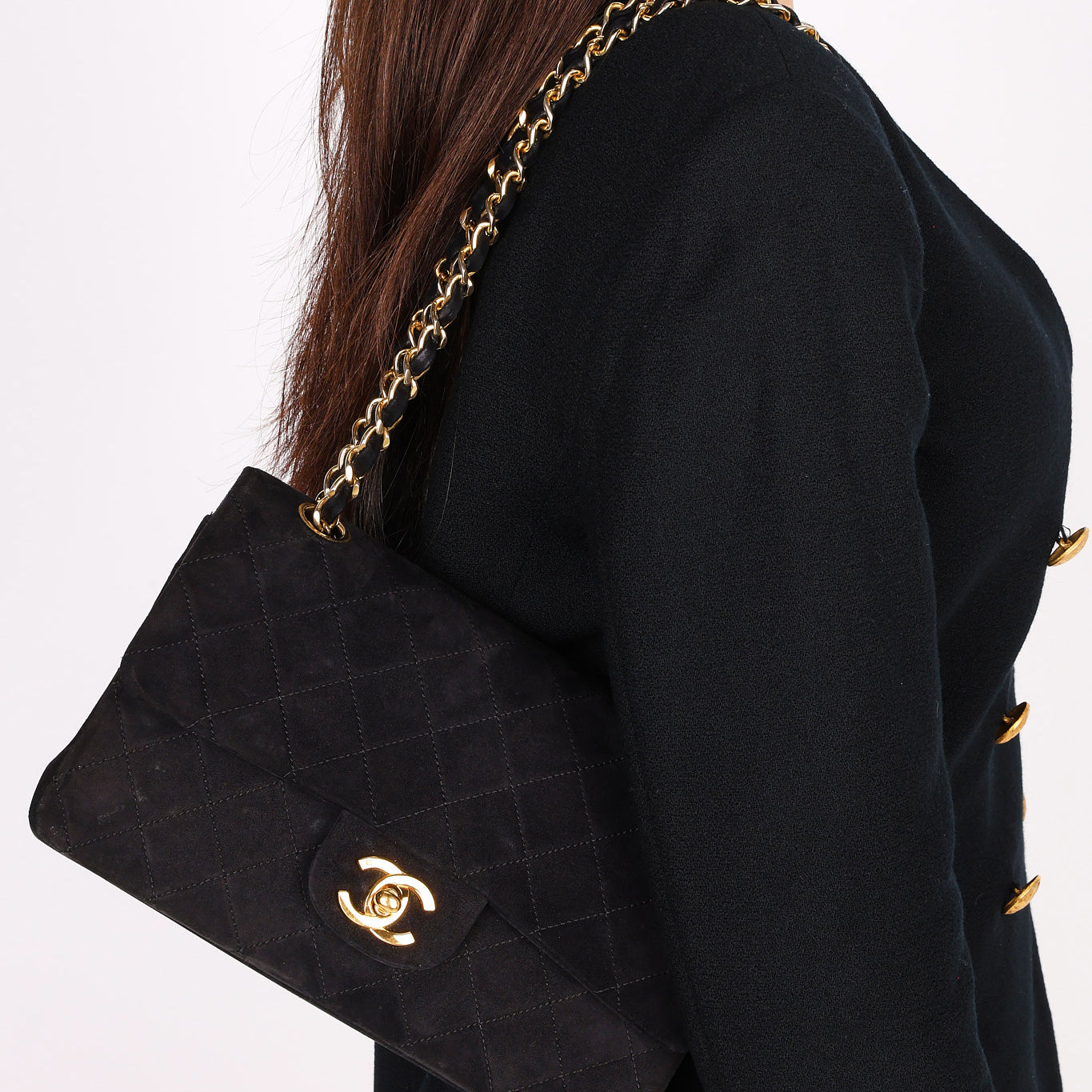 Chanel Medium Classic Double Flap Black Suede 1987 24K GP