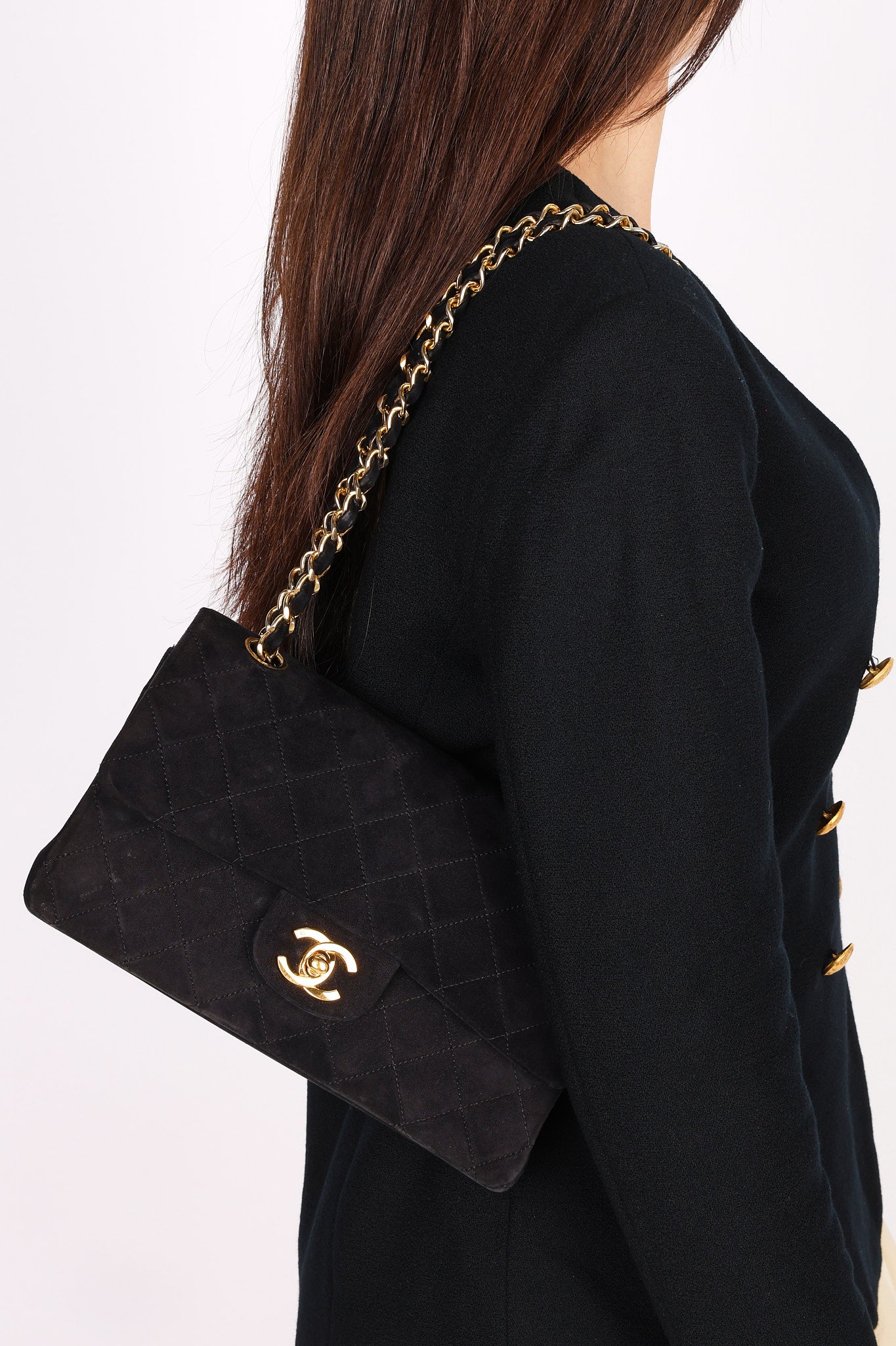 Chanel Medium Classic Double Flap Black Suede 1987 24K GP