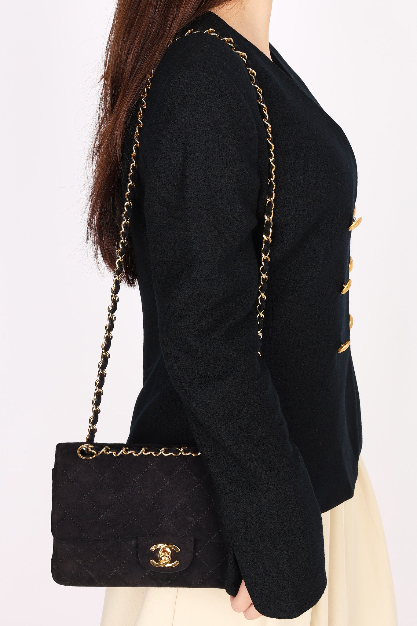 Chanel Medium Classic Double Flap Black Suede 1987 24K GP