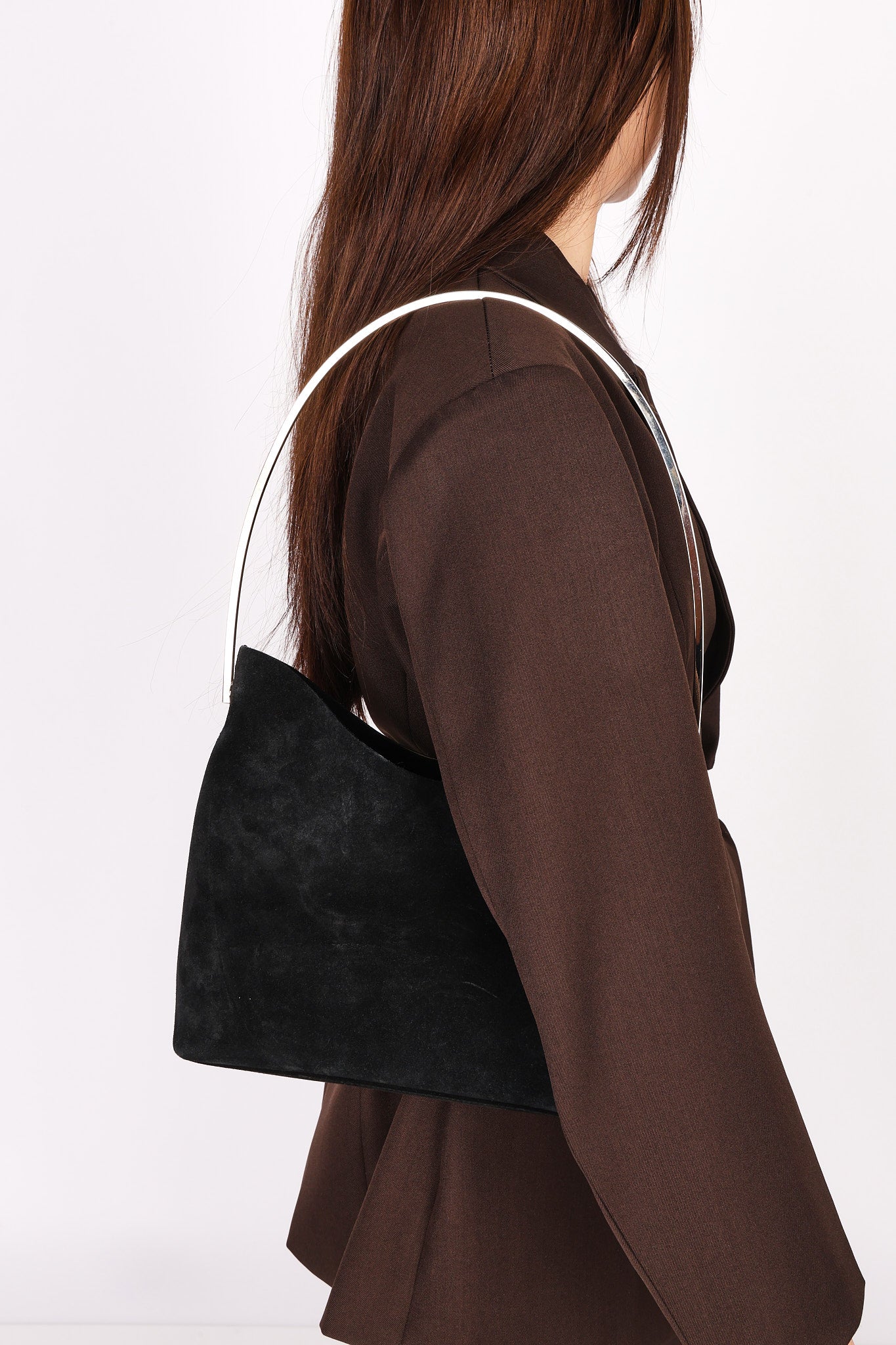 Gucci Black Suede Metal Handle Shoulder Bag with Pouch
