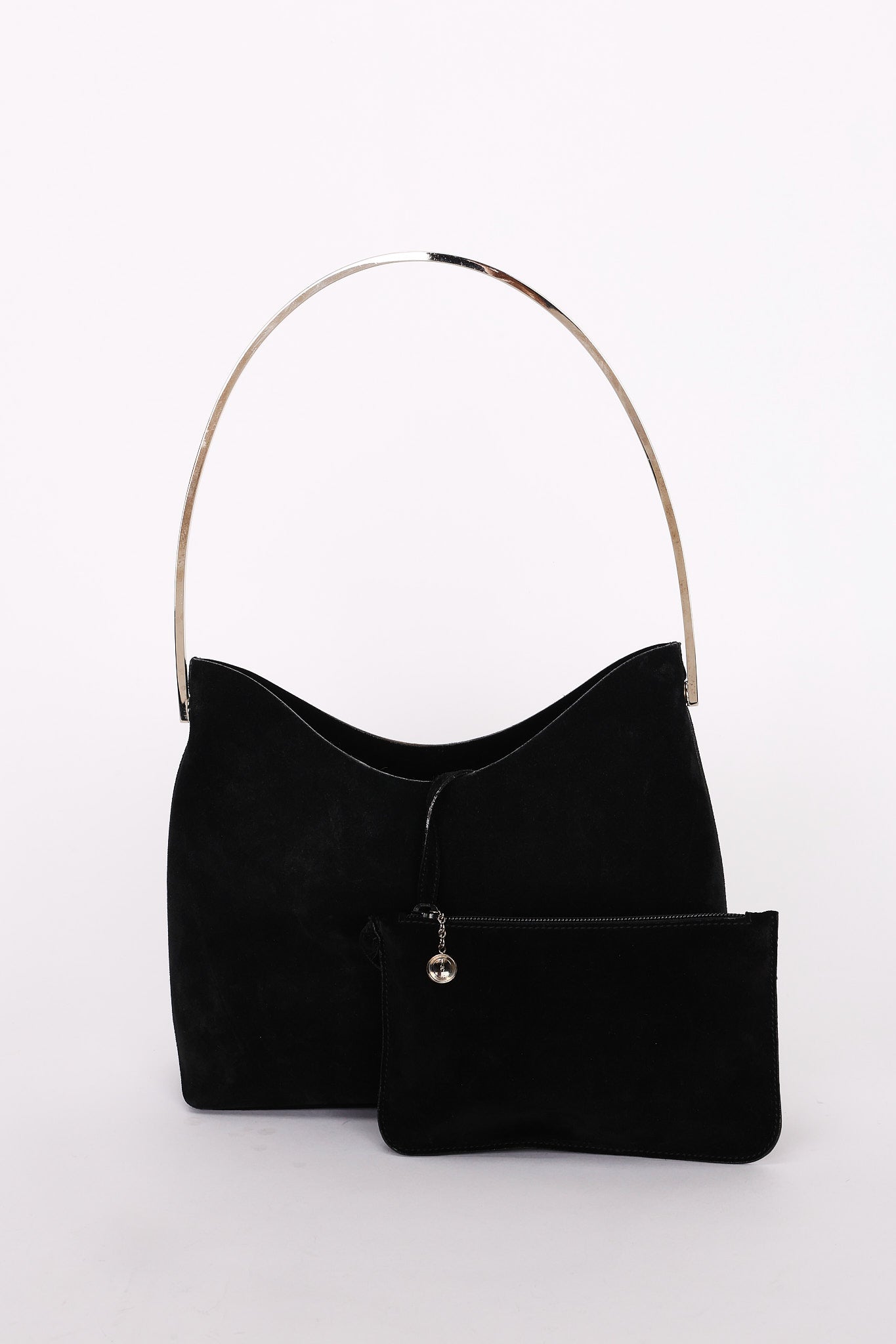 Gucci Black Suede Metal Handle Shoulder Bag with Pouch
