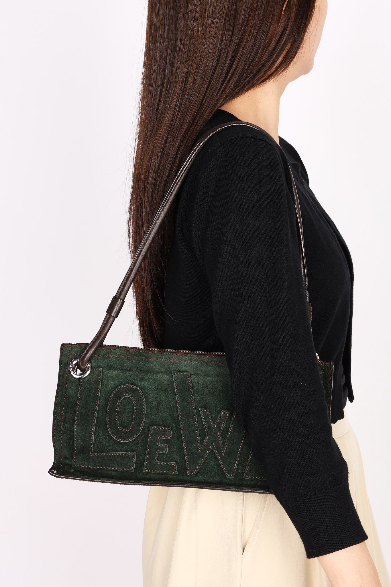 Loewe Double Sided Logo Shoulder Bag Dark Green Suede