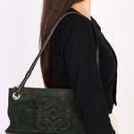 Loewe Double Sided Logo Shoulder Bag Dark Green Suede