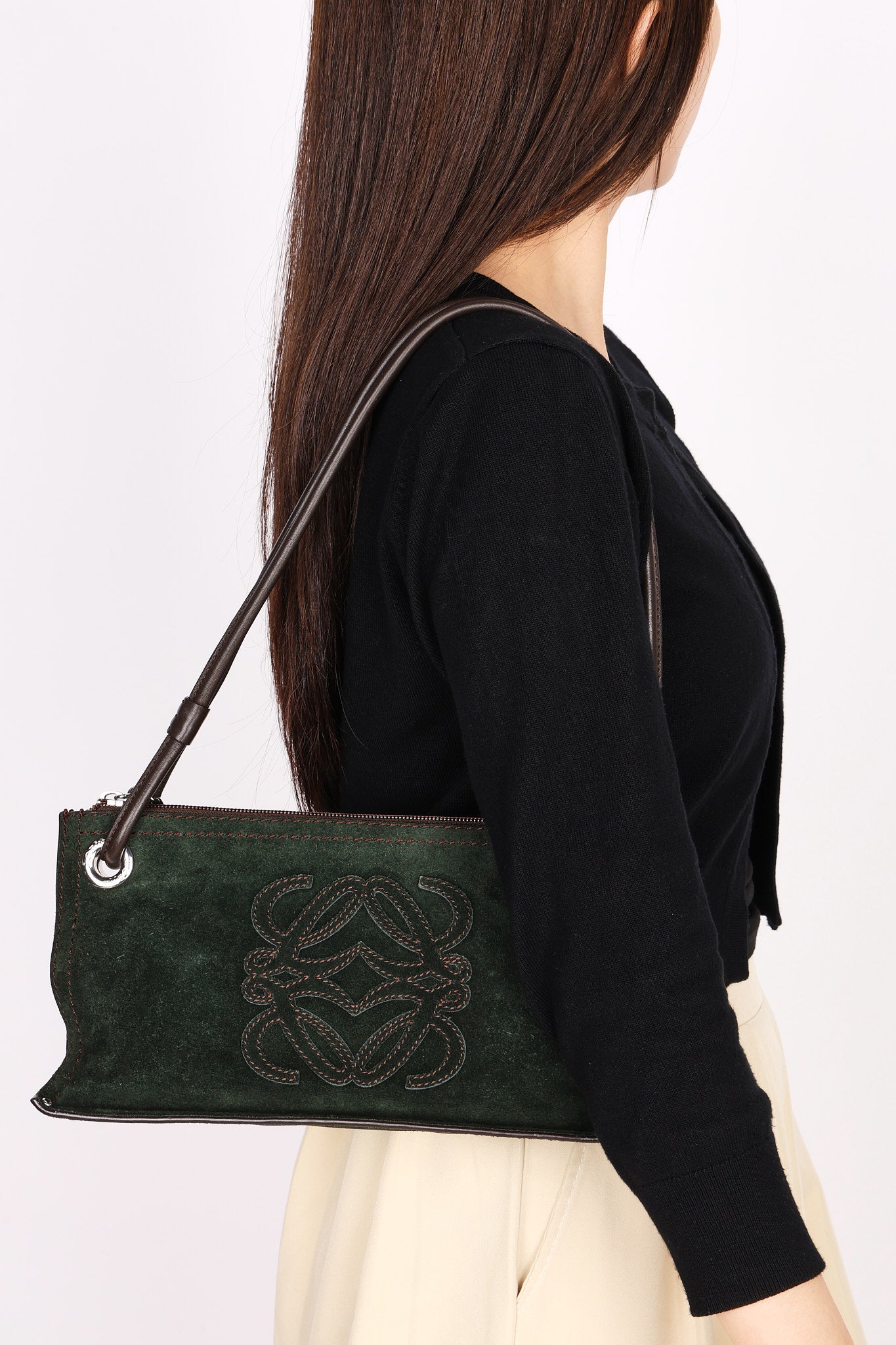 Loewe Double Sided Logo Shoulder Bag Dark Green Suede