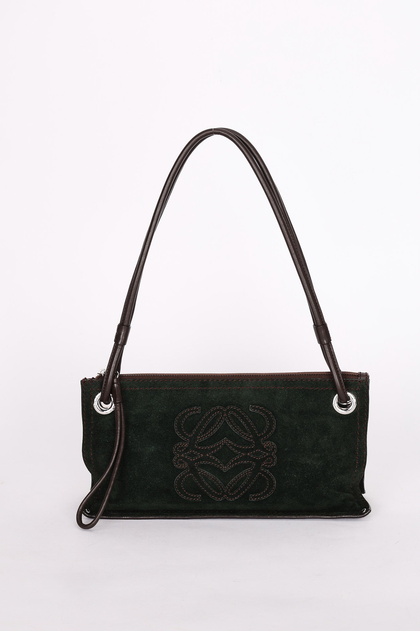Loewe Double Sided Logo Shoulder Bag Dark Green Suede