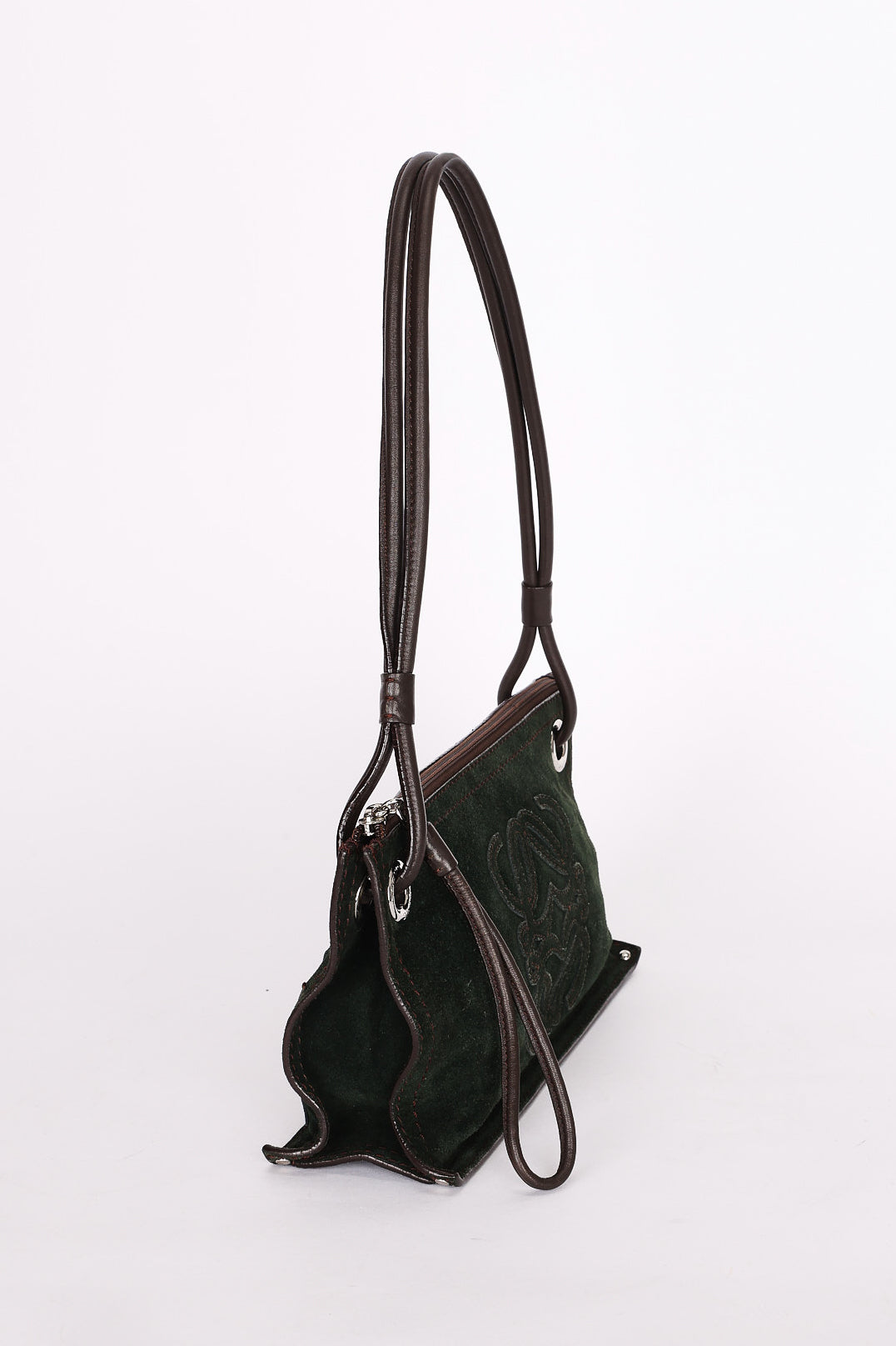 Loewe Double Sided Logo Shoulder Bag Dark Green Suede