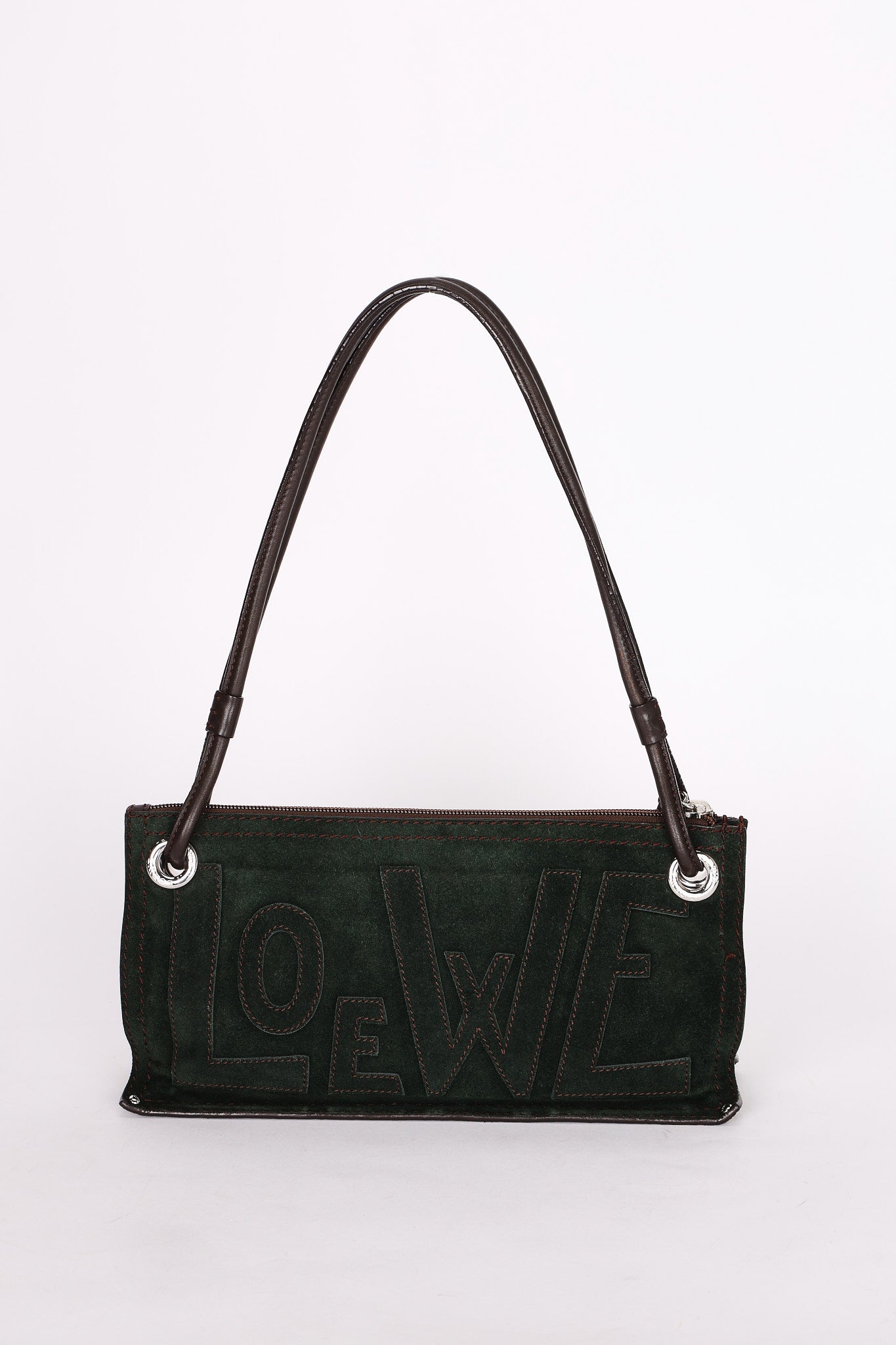 Loewe Double Sided Logo Shoulder Bag Dark Green Suede