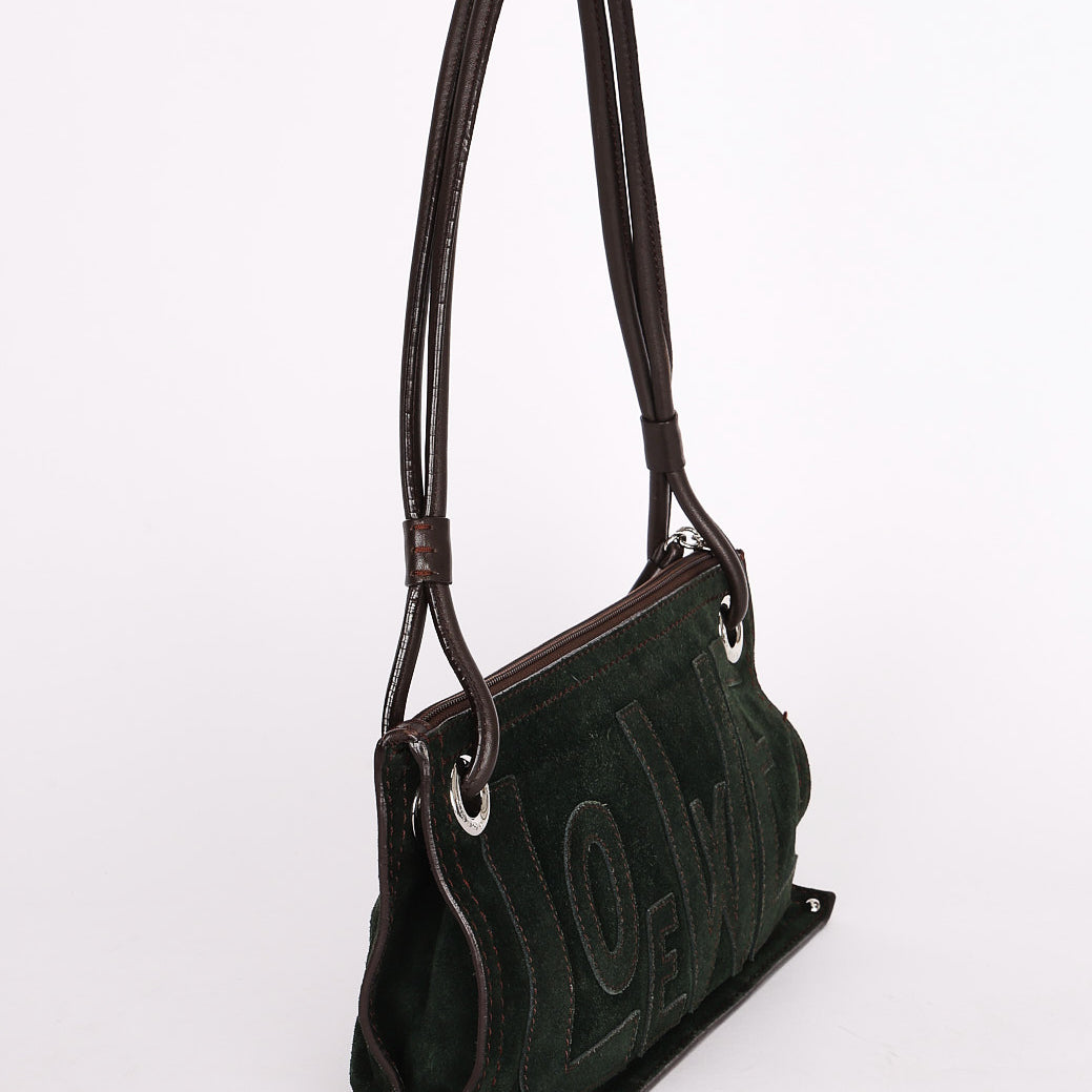 Loewe Double Sided Logo Shoulder Bag Dark Green Suede