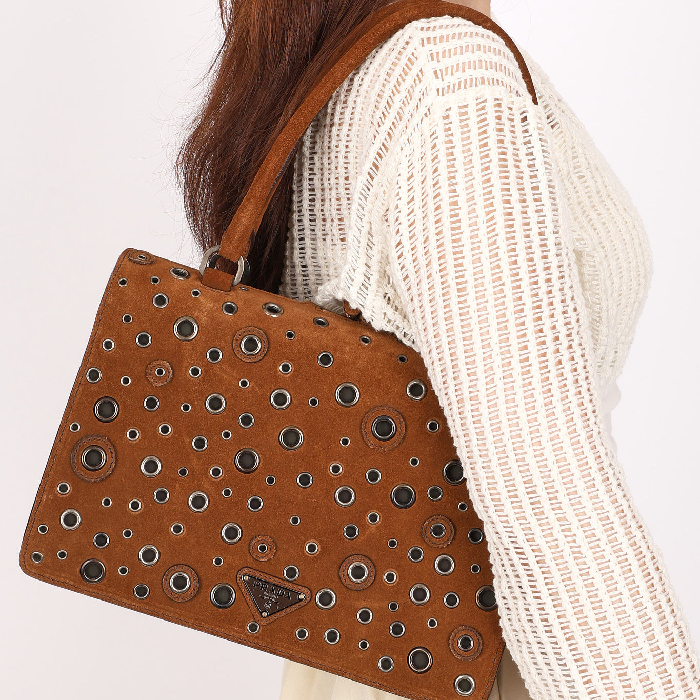 Prada Grommet Frame Shoulder Bag Brown Suede