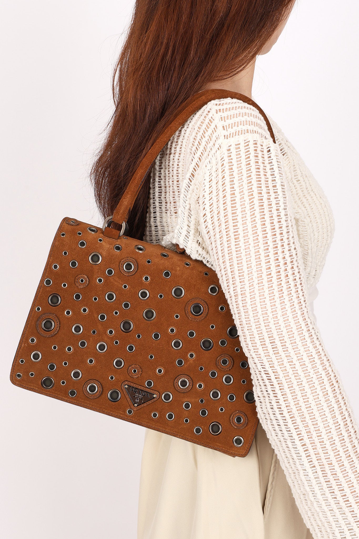 Prada Grommet Frame Shoulder Bag Brown Suede