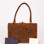 Prada Grommet Frame Shoulder Bag Brown Suede