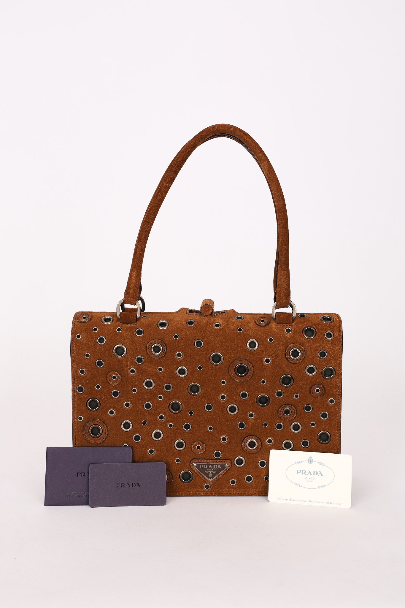 Prada Grommet Frame Shoulder Bag Brown Suede