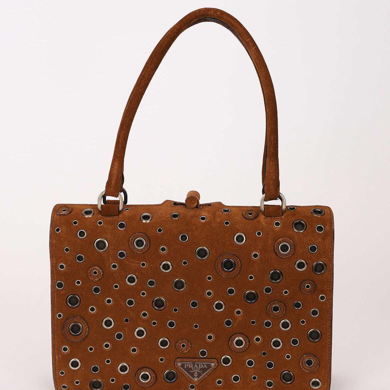 Prada Grommet Frame Shoulder Bag Brown Suede