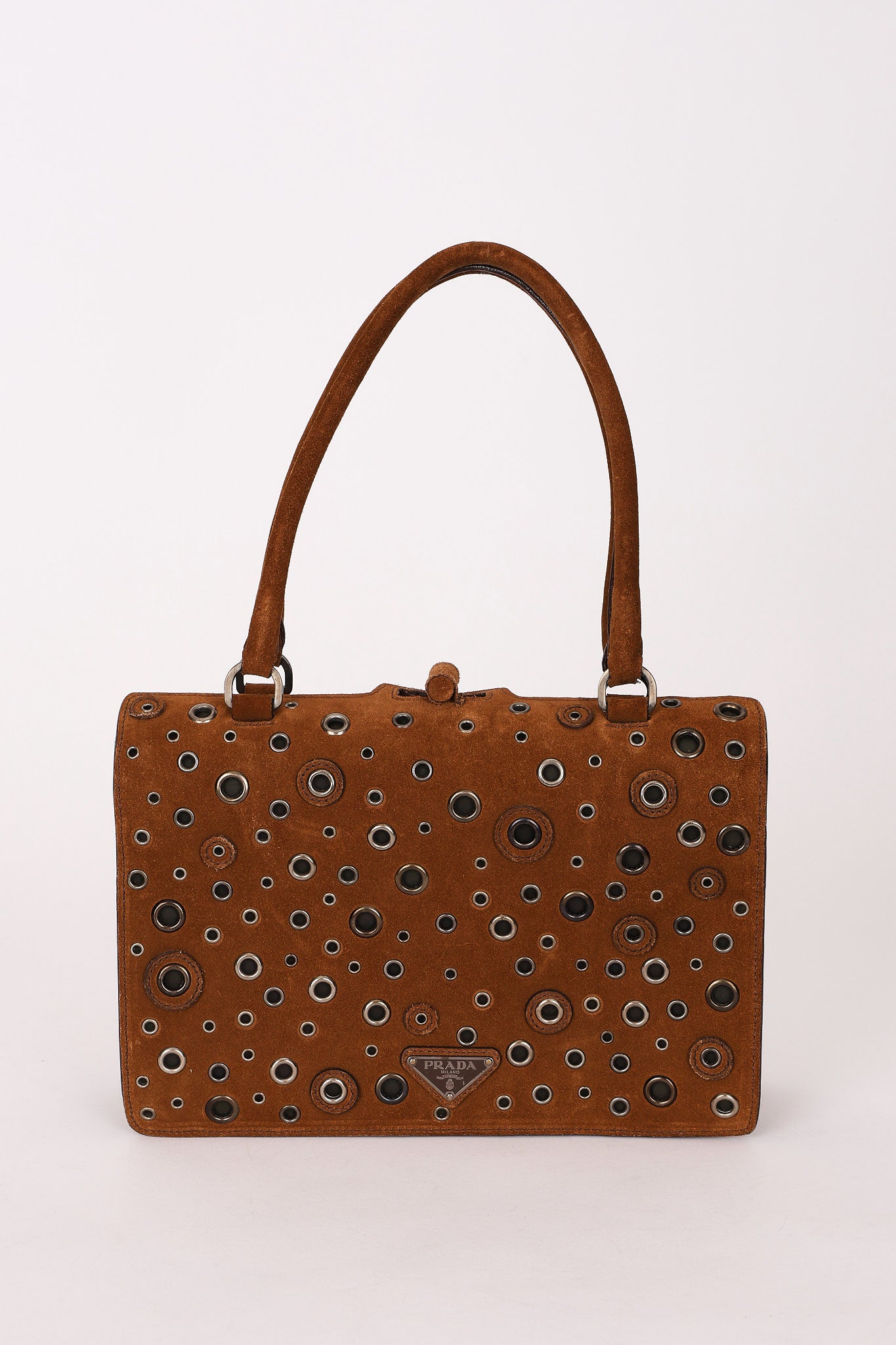 Prada Grommet Frame Shoulder Bag Brown Suede