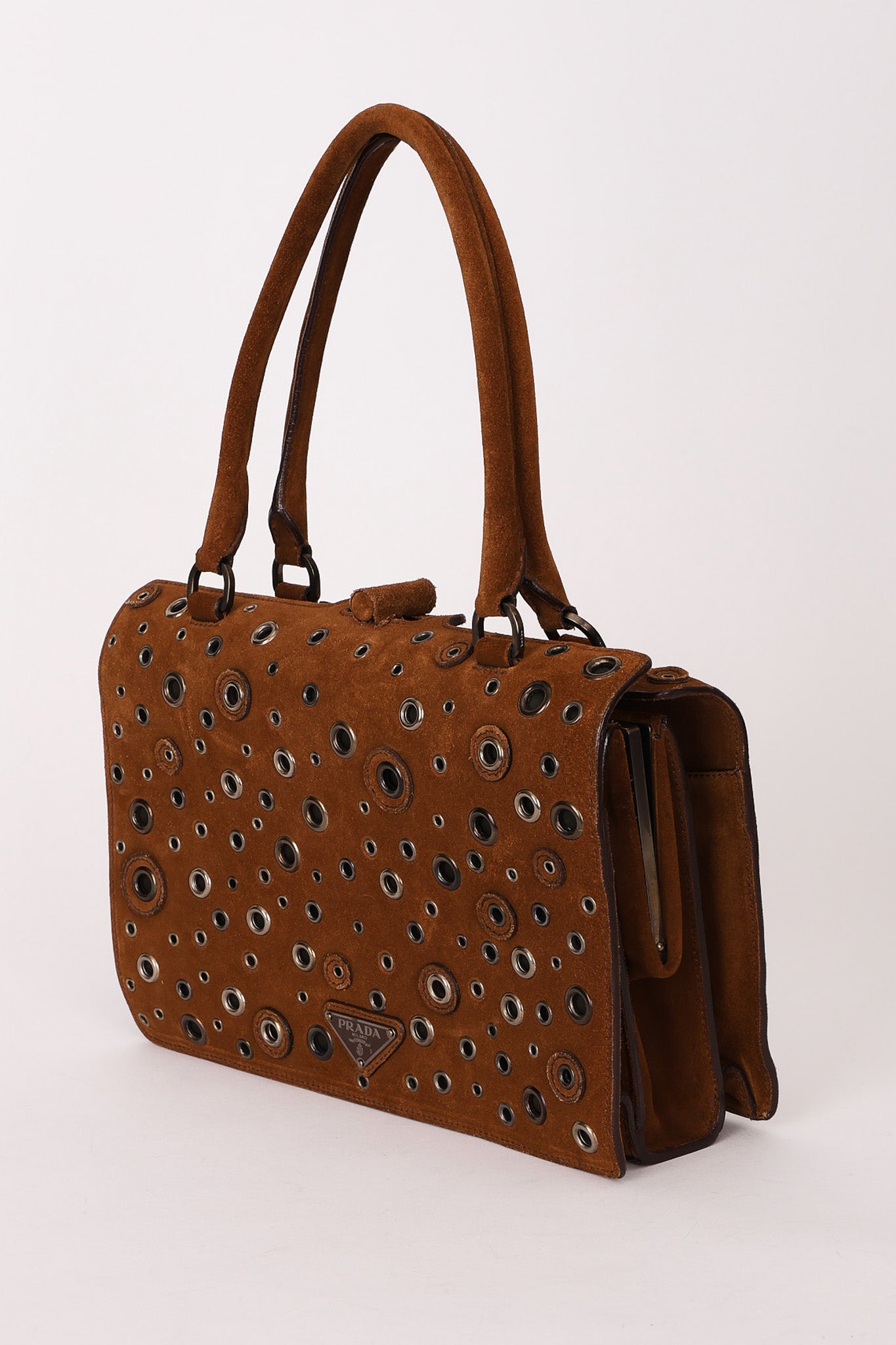 Prada Grommet Frame Shoulder Bag Brown Suede